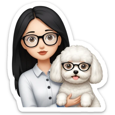 Girl with long black hair and glasses holding a white Bichon Frise dog sticker