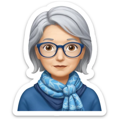 Older woman, shoulder length gray hair, wearing a scarf tied behind hair, marbled blue rectangular glasses  sticker