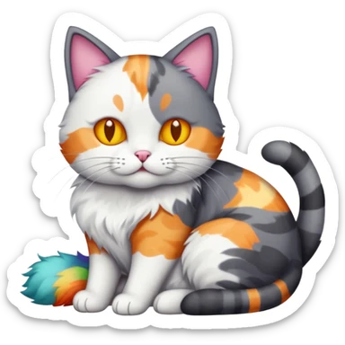 full body large dark grey and white cat cuddling a colourful light patched calico + white tabby cat  sticker