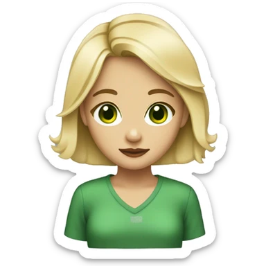 Blonde girl with medium hair lenght with green eyes  with a dashhund  sticker