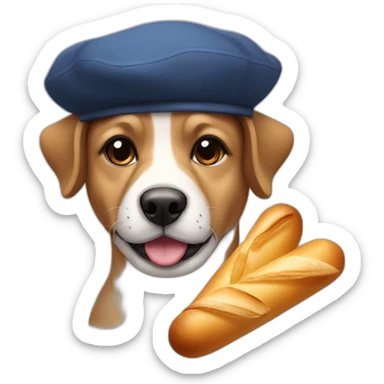 french dog with a small moustache, beret and a  baguette sticker