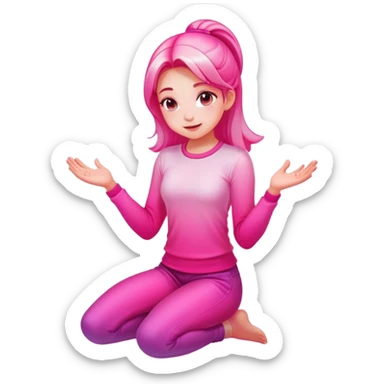Girl kneeling in playful pose, transparent glass style, bright pink gradient, with shadows and highlights, minimalist design sticker