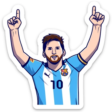lionel messi celebrating with arms raised wearing a blue and white jersey sticker