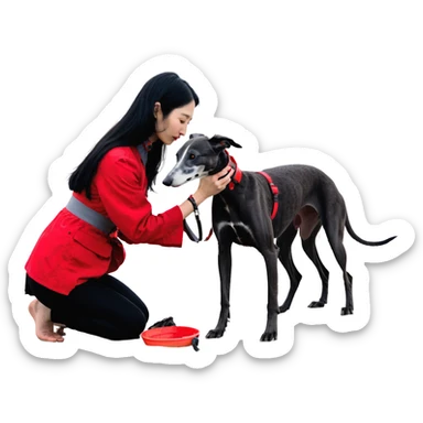 A very beautiful and attractive 25-year-old Japanese woman with long flowing black hair gently petting a SOLID DARK GREY whippet wearing a bright RED COLLAR on a beach at night under a starry sky. The woman's hand is lovingly stroking the whippet. The whippet MUST be COMPLETELY SOLID DARK GREY with ABSOLUTELY NO WHITE MARKINGS ANYWHERE - no white chest, no white face, no white paws, no white tip on tail - ENTIRELY ONE SOLID DARK GREY COLOR throughout the entire dog, but with a distinct red collar. Deep blue night sky filled with bright stars, moonlight reflecting on the ocean, sandy beach in the foreground. sticker