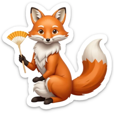 A fox holding a folding fan elegantly, tail curled with graceful calm. sticker