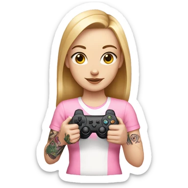 White girl with arm tattoo holding a pink game controller sticker