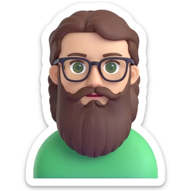 white male mid 30s green eyes black square glasses long brown beard with short brown hair sticker