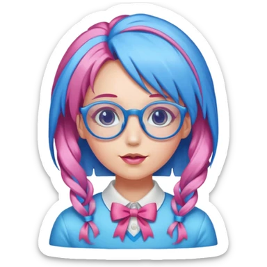 candy girl with very long blue-pink mixed candy hair with ribbon and no tattooes, with glassess sticker