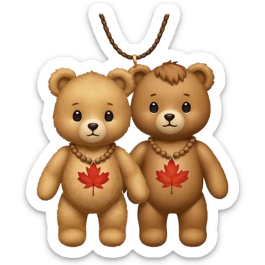 2 fluffy Teddy bears in love. One has an acorn necklace and the other has a maple leaf necklace  sticker