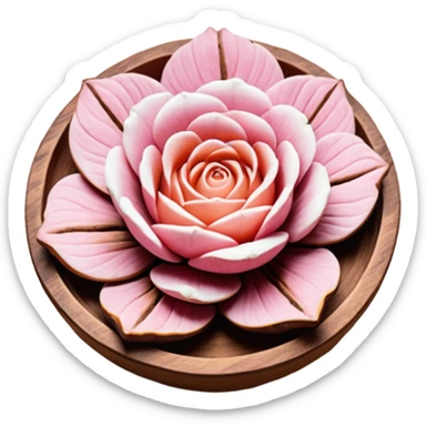 Una miniatura fotorrealista de un trozo de manteca de cacao pura y una pequeña rosa seca sobre una superficie de madera rústica y cálida. La luz debe resaltar la textura de la manteca. Colores: tonos tierra, marrón, terracota y rosa suave. Estilo: plano y orgánico sticker