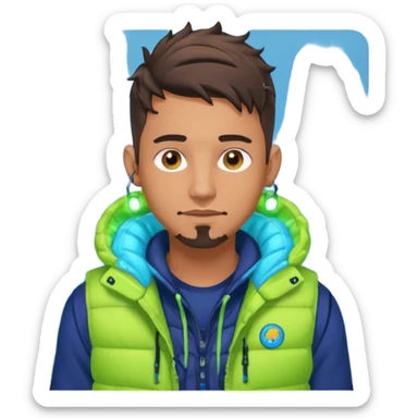 Cyberpunk street adult, hispanic, male, messy undercut, puffer vest over hoodie, glowing earpiece, light stubble, brown eyes, neon reflections, headshot sticker