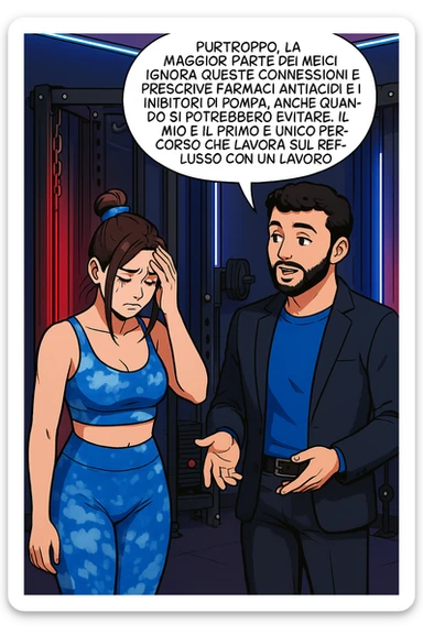 TRASFORMA QUESTO CAROSELLO IN UN FUMETTO STILE WEBTOON/MANGA A COLORI CON QUESTE DUE PERSONE IDENTICHE CHE INTERLOQUISCONO TRA LORO, L'uomo sta spiegando alla donna questo concetto MENTRE LA DONNA SI TIENE la mano sulla fronte sconcertata:

LUI (UOMO): Purtroppo, la maggior parte dei medici ignora queste connessioni e prescrive farmaci antiacidi e inibitori di pompa, anche quando si potrebbero evitare.
Il mio è il primo e unico percorso che lavora sul reflusso con un lavoro mirato sul baricentro; sticker