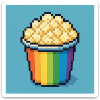 Add popcorn inside the rainbow bucket in pixel art style sticker