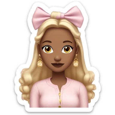 Girl with light skin straight hair wearing bow in her hair with coquette light pink colors and gold earrings wearing cute tight fit cardigan sticker