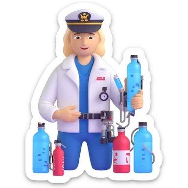 Oceanologist sailor from Vladivostok with scientific instruments, CTD sensor, water sampling bottles, and marine life sticker