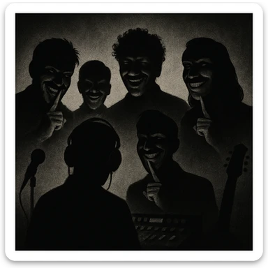 Siluetas y figuras de personas que trabajan en la industria musical, en las sombras, vistas desde lejos, con sonrisas burlonas y aire de superioridad, haciendo una señal con el dedo para pedir que otros hagan silencio o de estar guardando un secreto sticker