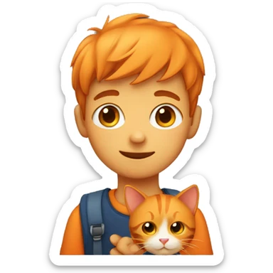 a boy holding an orange cat sticker