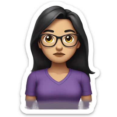 Angry scowling girl, purple shirt, long black hair, brown eyes, wearing glasses, with arms crossed over chest. sticker