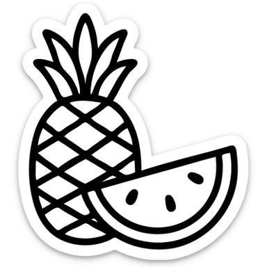 thick line outline icon of a pineapple next to a slice of watermelon, no fill, simple and clear style sticker