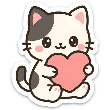cute small black and white cat in anime style hugging a red heart sticker