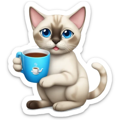 blue eyed siamese Tabby mixed cat holding a cup of tea sticker