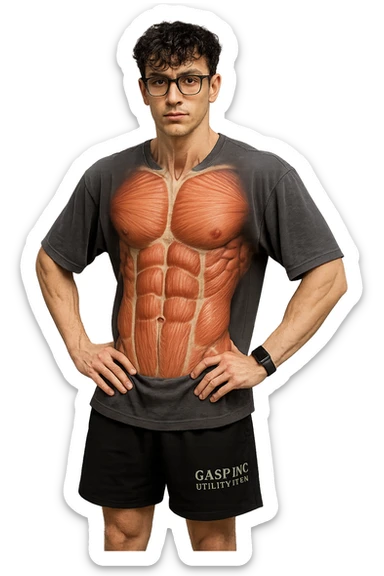 lascia questo ragazzo identico ma fallo in piedi in posa frontale con fasci muscolari anatomici realistici del core visibili, iperealistico 4k sticker