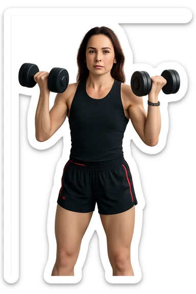 Allenamento ad alta intensità donna mentre fa pesi con in mnao due manubri sticker