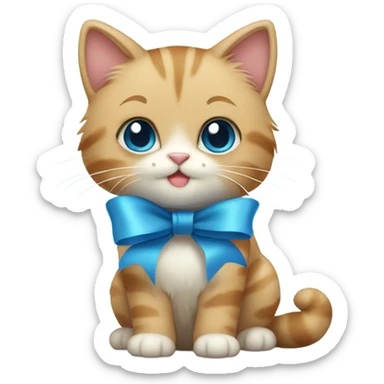 Thick fur cat cute with soft blue ribbon sticker