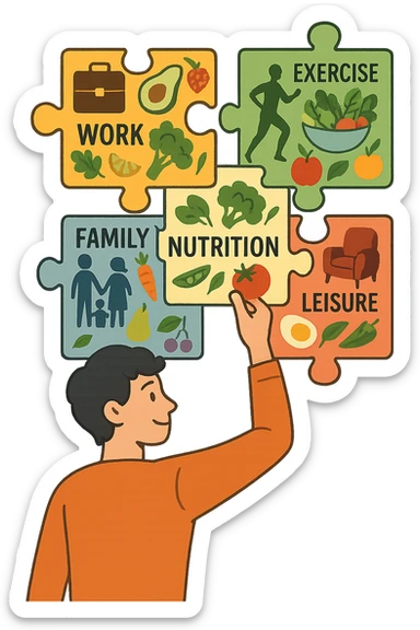 a person is surrounded by puzzle pieces, each representing a different aspect of their life (work, exercise, family, leisure), and healthy foods are integrated into each piece. The person assembles the puzzle, creating a complete, personalized nutrition plan. The mood is uplifting and creative. sticker