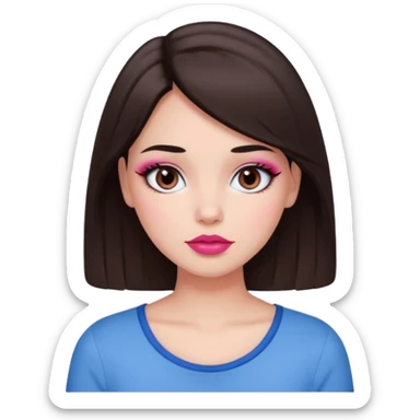 Dark brown haired girl with black eyes and lips between the shades of pink and red. A cute and clean makeup along with a blue top  sticker