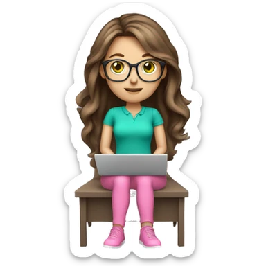 Female coding teacher with a laptop, with long brunette hair, green eyes, fair skin, teal eye glasses and a pink feminine shirt sticker