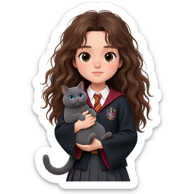 Asian girl with long messy wavy brown hair and brown eyes wearing RAVENCLAW uniform, holding a gray cat with blue eyes in hands sticker
