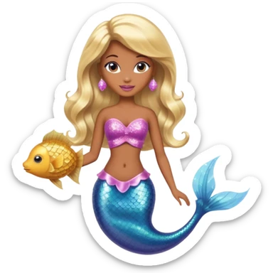 Brown skin blonde hair barbie mermaid with glitter tail  with pufferfish sticker
