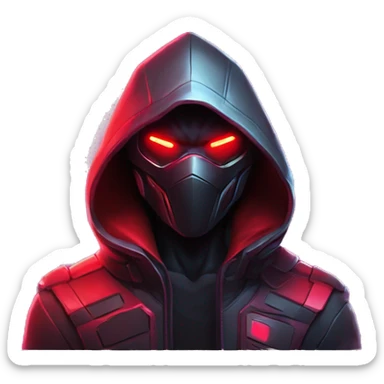 developer behind his laptop with this style : crysis Cyberpunk Riot Games Valorant neon glowing bright red character red dark black hooded assassin themed character sticker