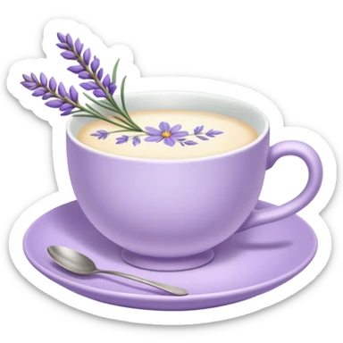White teacup on a pastel purple plate, lavender flowers on the side, pastelcore aesthetic, cottagecore sticker