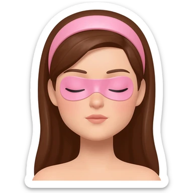 Brown hair woman, eyes closed, calm, headband, pink eye patches, glossy skin, 3D emoji style, white background sticker