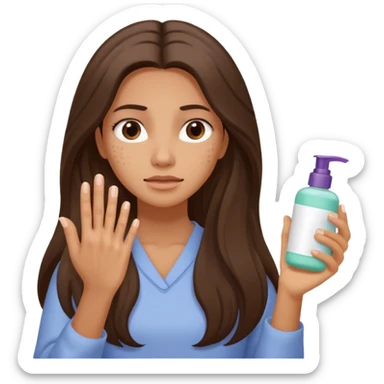 A long-haired woman is hesitating to choose skincare products. Her left hand holds skincare products and her right hand holds skincare products. She is showing hesitant expressions on her face. Her face has acne and is dry. sticker