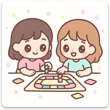 asian girl and friend playing a boardgame, kawaii style, cute and playful sticker
