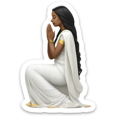 Light skin ;Black long hair wearing white saree praying infront a white temple sticker