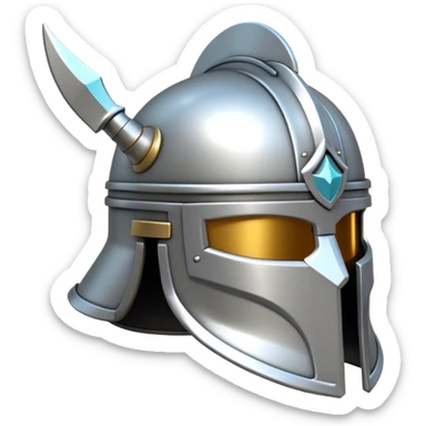 Clash of Clans aesthetic: Cinematic Playful Steel Helm Emoji, rendered in a 3D vector-style similar to standard emojis with minimal shading and bold, simplified shapes. A compact, isometric helmet crafted of shining steel with intricate engravings and a protective visor, softly glowing with a noble warrior charm. Simplified yet unmistakably iconic, highly detailed and consistent, glowing with a soft radiant gleam and high polish. Stylized with a touch of chivalric tradition and a soft glowing outline, capturing the essence of a stalwart battle helm with a friendly, playful manner! sticker