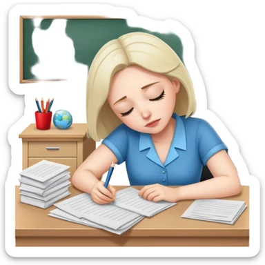 Exhausted female teacher napping at classroom desk with papers sticker