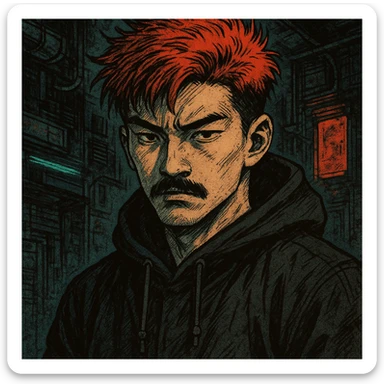 Asian man with black mustache, red hair, black hoodie, gritty cyberpunk manga style, inspired by 90s Japanese comics, moody lighting sticker