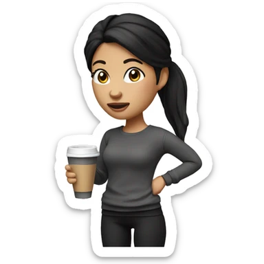 3d doll casual standing with coffee in her hand, black hair ponytail, leggins black and sweater sticker