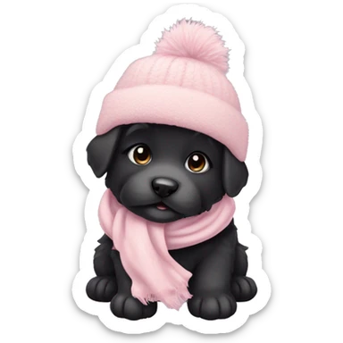 fluffy chubby black puppy with pale pink winter hat pale pink scarf sticker