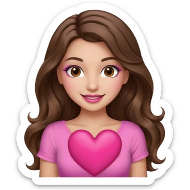 girl with long wavy brown hair, brown eyes, long lashes makeup, sexy pink lips, light to medium complexion, wearing a pink sexy top, smiling, holding a big heart sticker