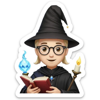 ["A happy boy with light skin, ponytail, wearing a wizard hat and square glasses, dressed in goth fashion, is reading a book while holding a phone."] sticker