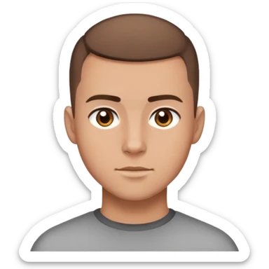 A guy with brown hair, brown eyes and a buzz cut sticker