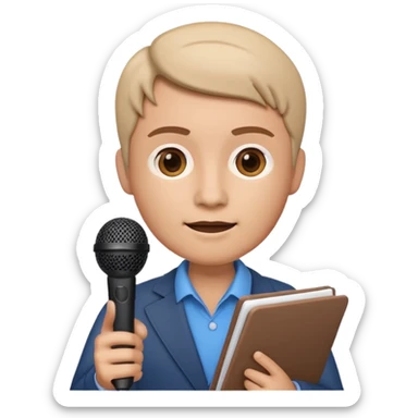 Apple Memoji-style 3D emoji of a journalist holding a microphone and notepad, smooth gradients, rounded shapes, no background. sticker
