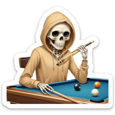 A skeleton in￼ hoodie with pool, Cue sticker