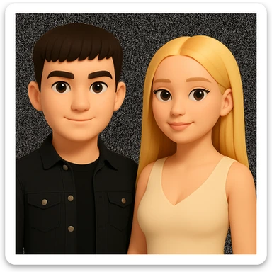 Slightly increase the volume of the upper body of the girl, significantly spread them apart from each other, make the skin color the same for both characters, keep the cartoonish 3D style as in the reference image. sticker